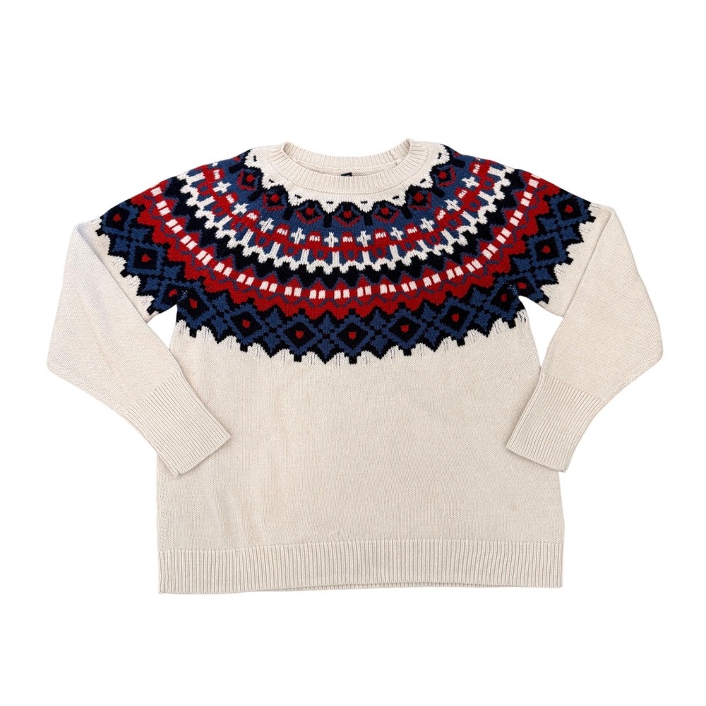 Chaps Womens Large Fair Isle Yoke Knit Sweater Cream Navy Red Crewneck Pullover